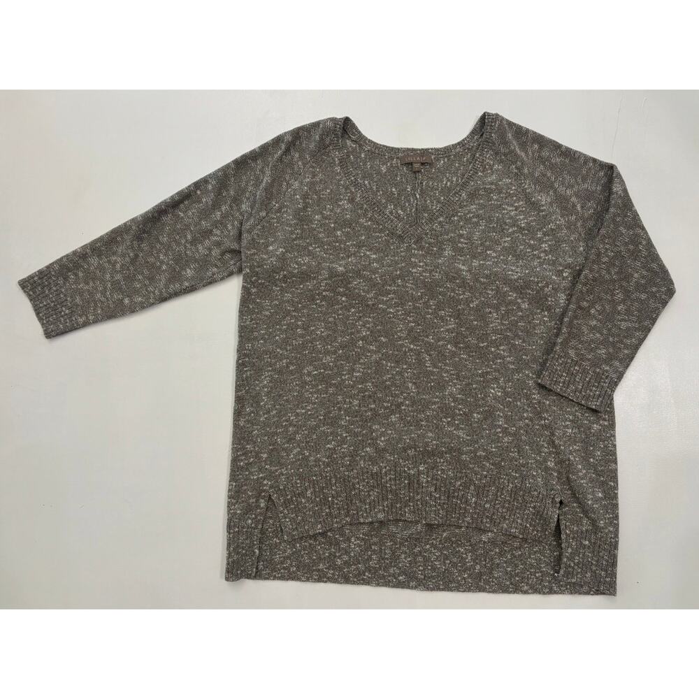 Lilla P Womens Marled‎ V-Neck Sweater Brown White 3/4 Sleeve High Low Pullover